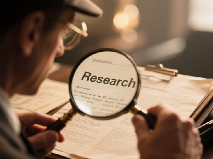A person in a flat cap examining a document through a magnifying glass that reads Research