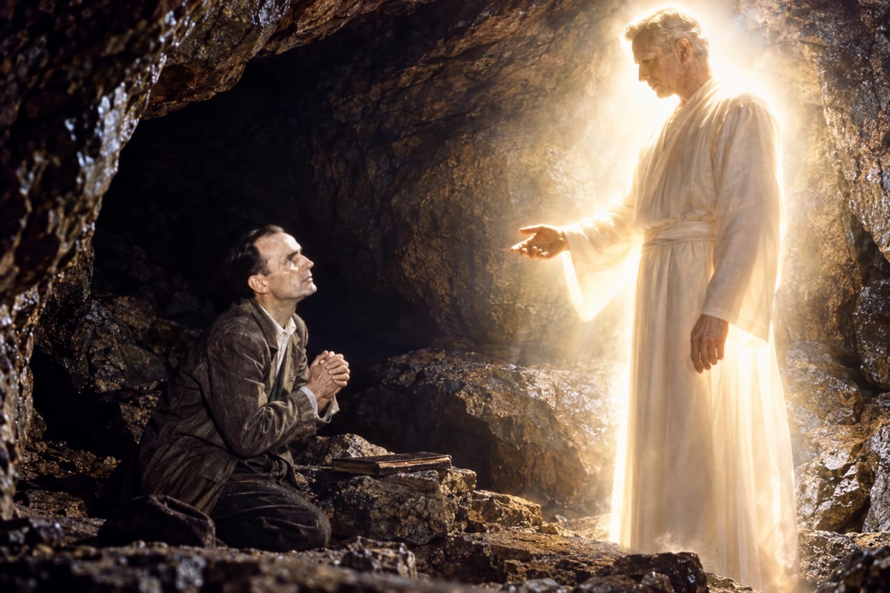 An angel appearing in a cave