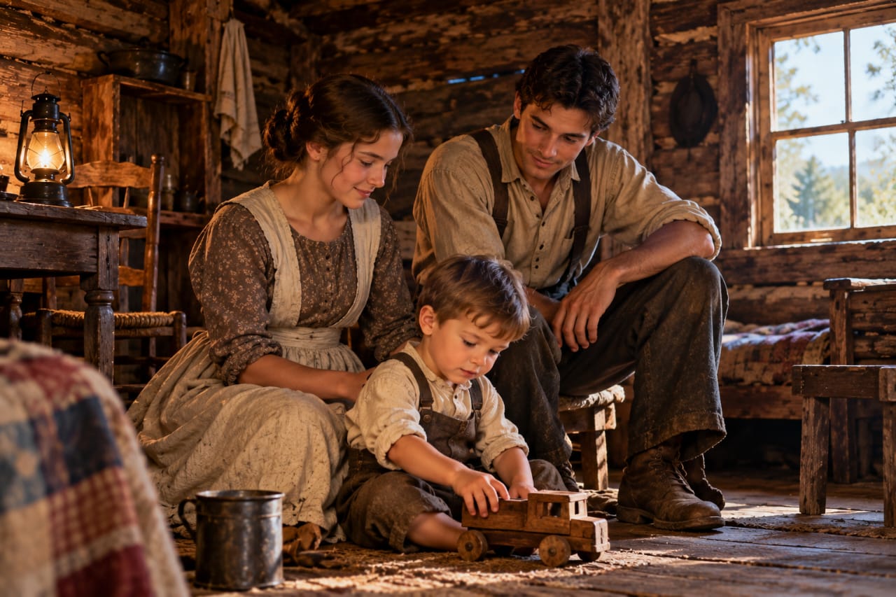 A family with a toy truck outside a cabin on their move to Indiana