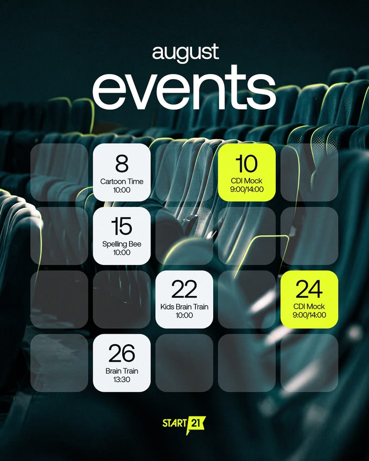 An events calendar poster with dated event tiles over rows of theatre seats