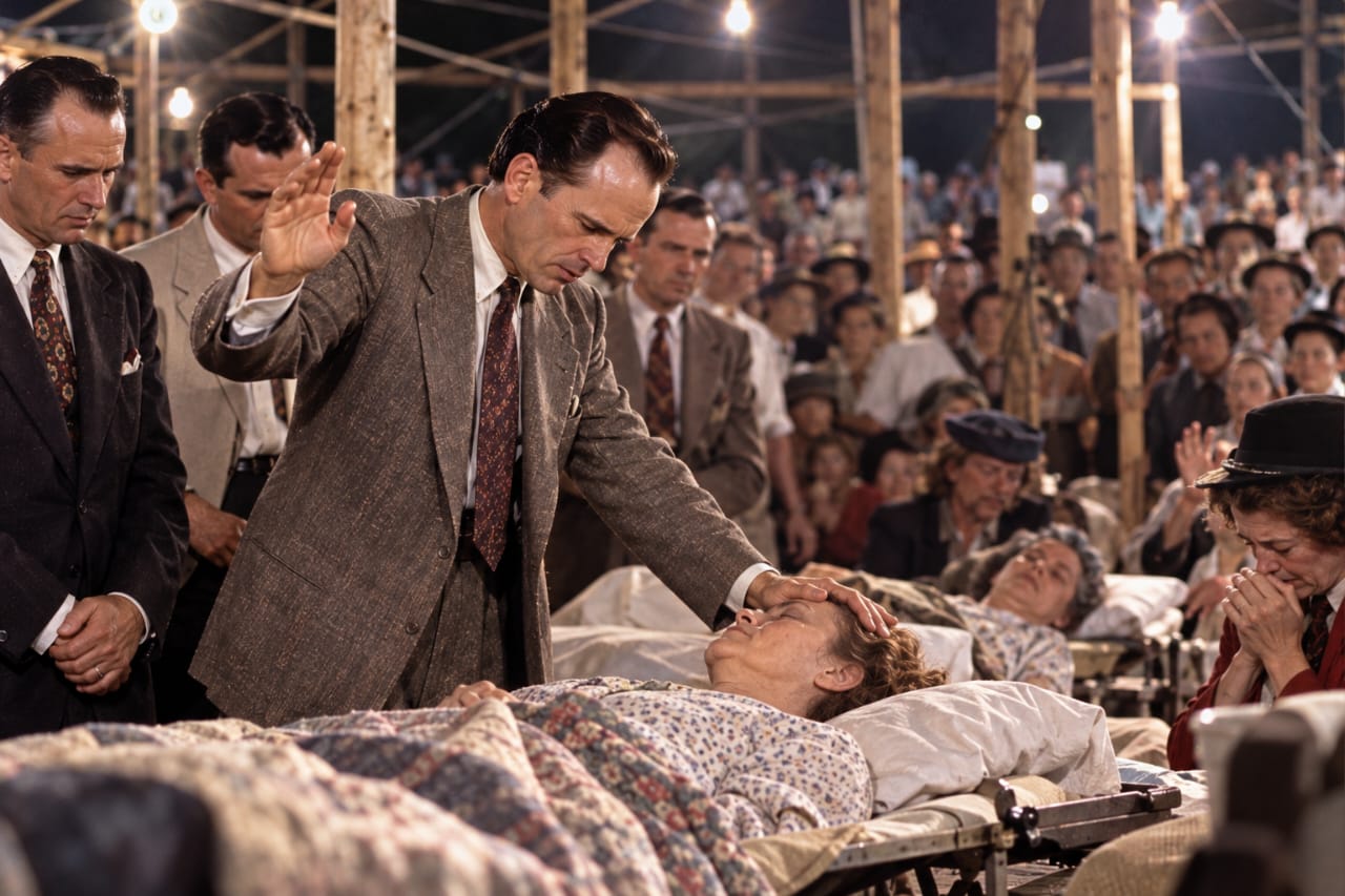 A minister praying over a sick woman before a large crowd