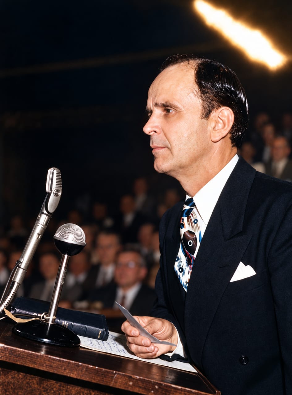 A minister at a pulpit microphone with a bright light flare above