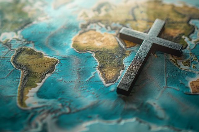A wooden cross lying on a relief map of the world