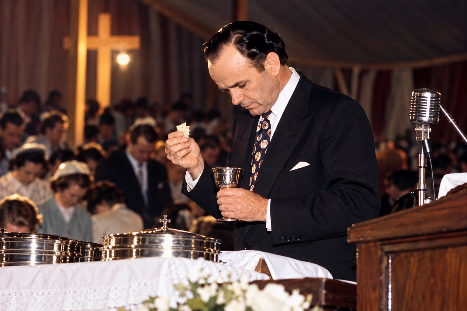 A minister at a communion table holding bread and a cup before a bowed congregation