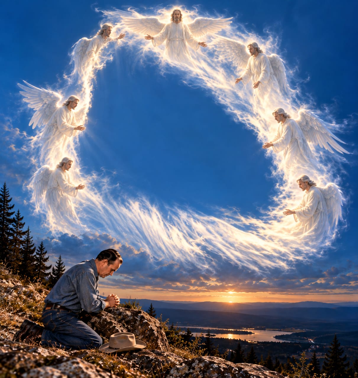 Seven angels in a ring of cloud above a man praying on a hilltop